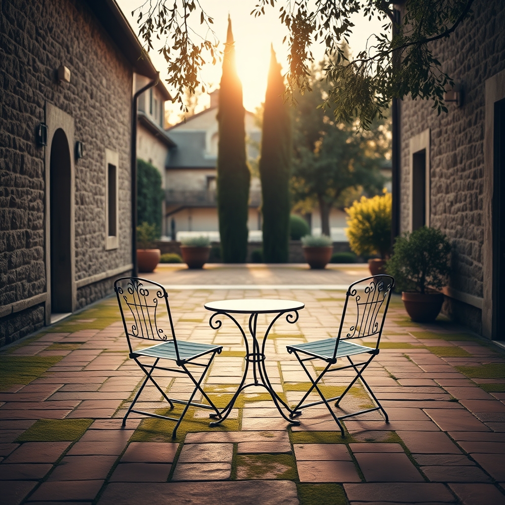 Tuscan villa stone courtyard at golden hour, two iron chairs facing a small table
