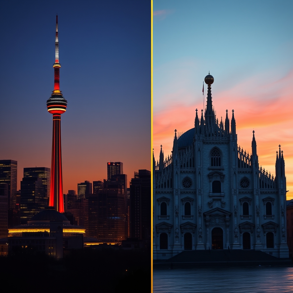 Split composition — Toronto skyline left, Milan Duomo right, legal document seam